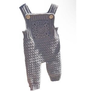 Handmade Crocheted Long Grey Baby Overalls Size 0-3 Months